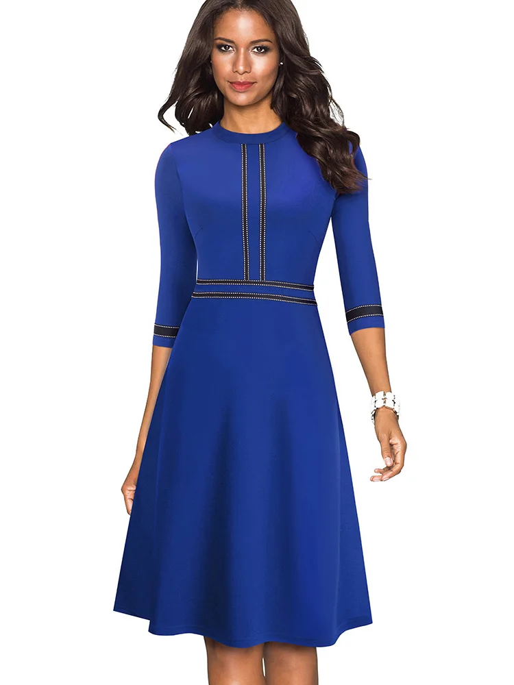 Nice-forever Vintage Elegant Patchwork Round neck Pinup Female vestidos Business Party Flare A-Line Retro Women Dress A135