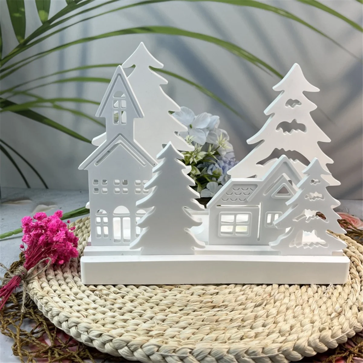 Christmas Tree and House Silicone Mold Set for DIY Cement Plaster Casting, House Tree Combination Decoration Mold