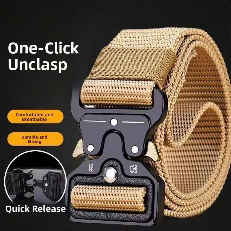 Outdoor Canvas Nylon Woven Belt with Automatic Buckle Plastic Buckle Tactical Inner Waist Belt for Casual Pants Trendy Men