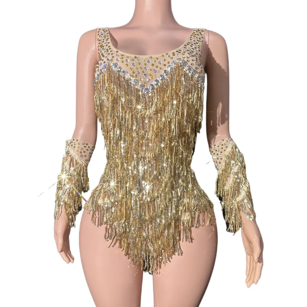 

Sparkly Rhinestones Sequins Tassels Bodysuit Women Sexy Performance Dance Costume Nightclub Outfit Singer Dancer Show Stage Wear