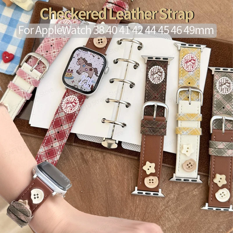 Checkered Lady Leather Straps for Apple Watch 45 44 49 38 41 40 42 46mm Cute Wriststrap Bracelets for IWatch 11 10 9 8 7 6 5 SE