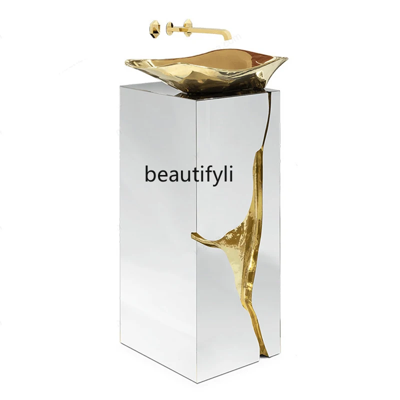

Italian light luxury stainless steel washbasin villa hotel high-end design integrated column basin creative metal washbasin