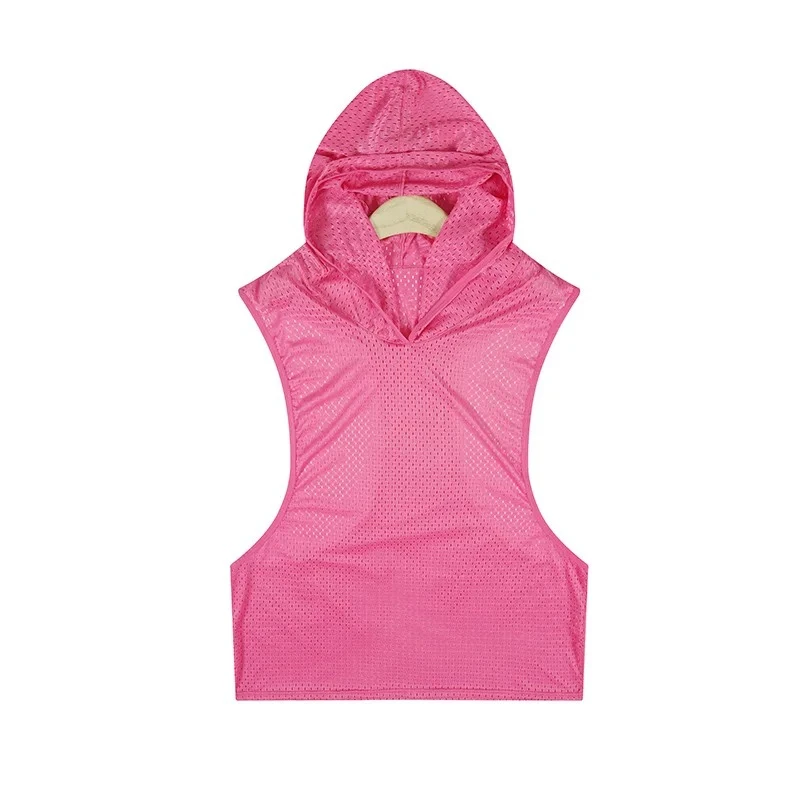 Male Hollow Mesh Hooded Sleeveless Top V Neck Side Cut Loose Breathable Sport Hoodie Tank Vest Without Shorts