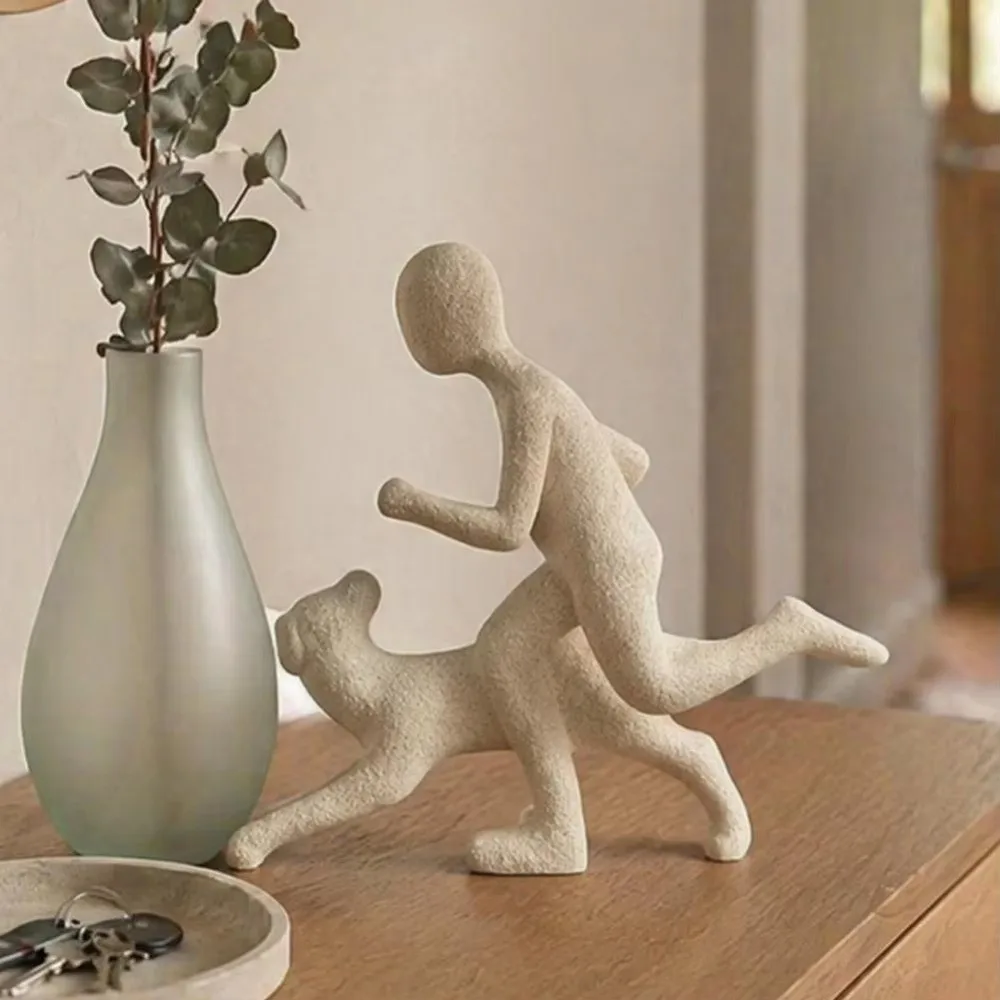 Desktop Ornament Minimalist Running Man and Dog Statue Cute Puppy Funny Abstract Sculpture Resin Puppy Figurine Pet Lovers Gift