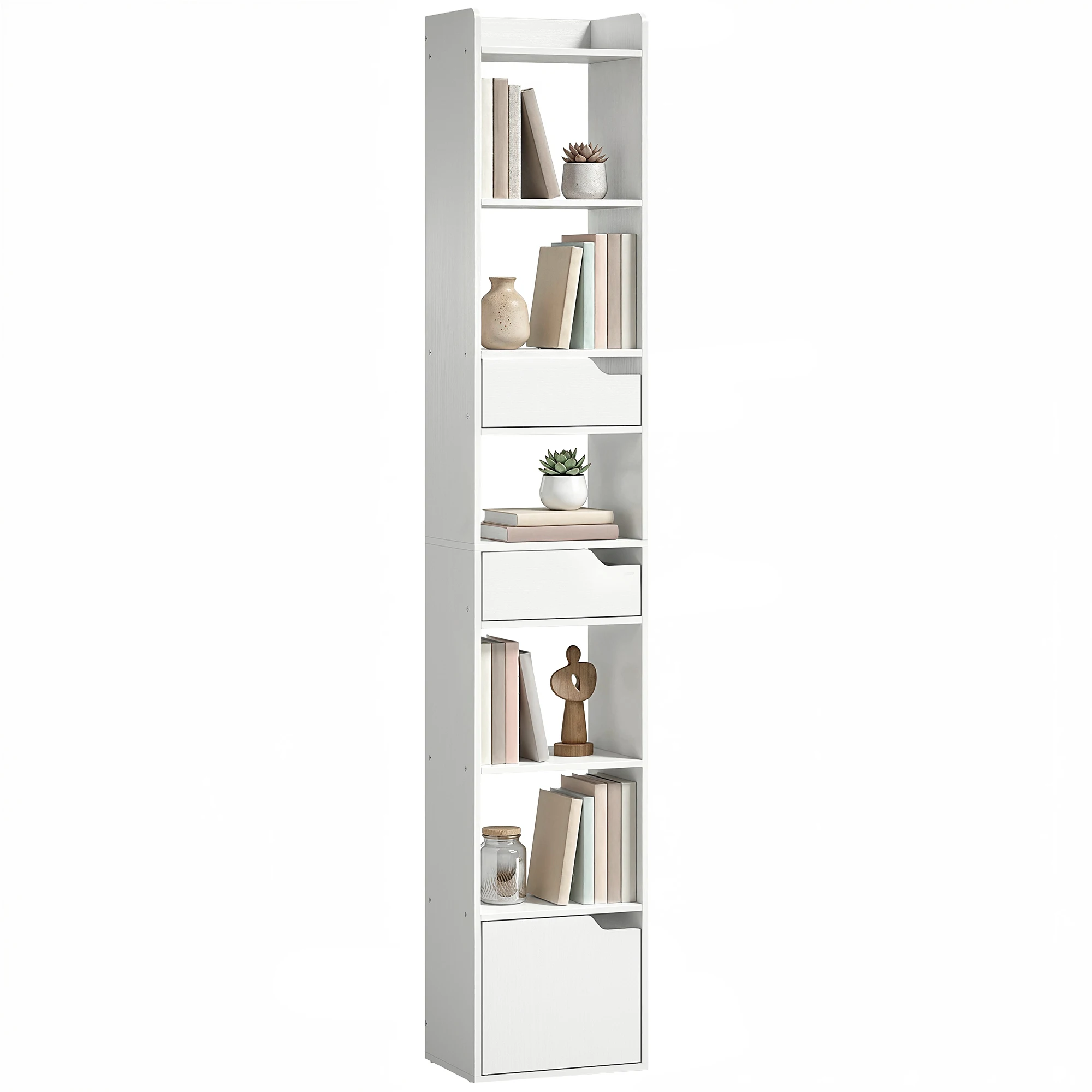 HOMCOM Estantería para Libros con 2 Cajones y Puerta, Librería Estrecha con 6 Estantes Abiertos, Armario Alto para Salón, Estudio, Oficina, 32x24x181,5 cm, Blanco