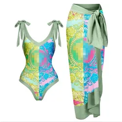 Vintage One Piece Swimsuit Women Bikini Swimwear Skirt Backless Dress Beach Cover Ups Outfits 2024 Bathing Suit Wear Beachwear