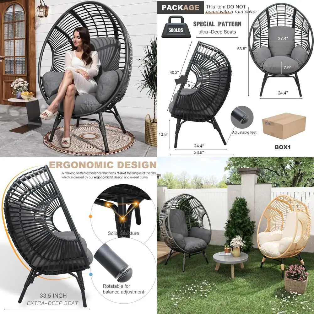 oversized wicker egg basket chair with stand and cushion, 500lbs capacity, suitable for patio and garden use