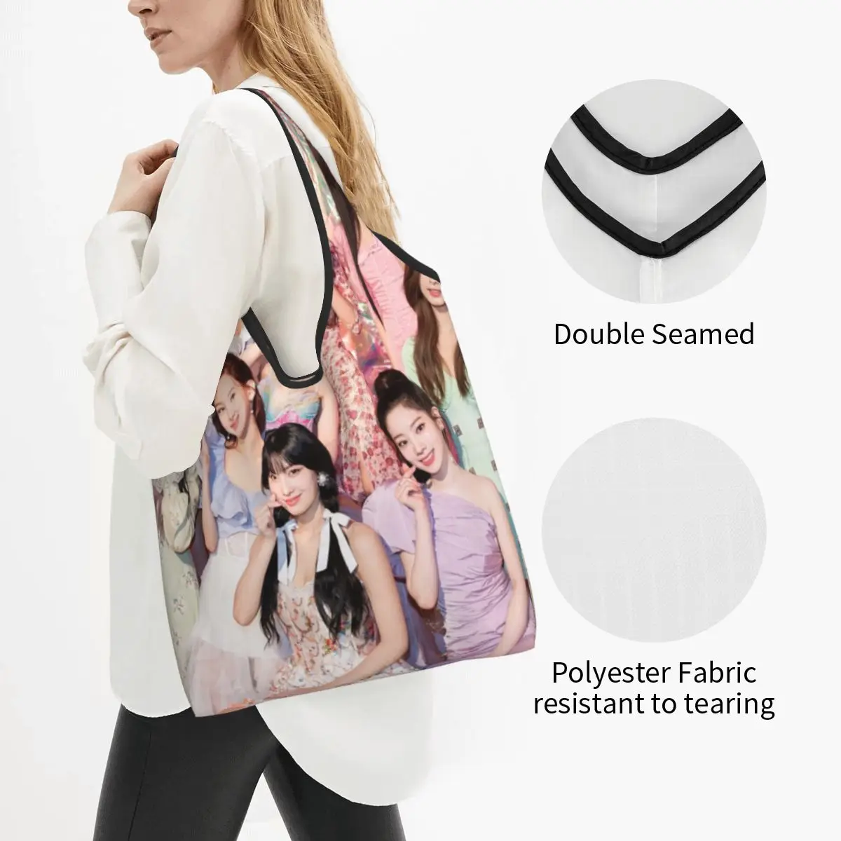 Fun Kpop Singer Twice Girls Portable Tote Shopping Bags Foldable Shopper Bag Groceries Handbag Shoulder Bag