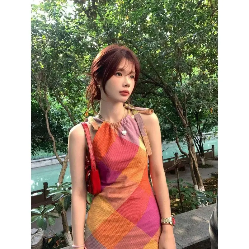 

2024 New Dopamine Colorful Plaid Contrast Lace Up Dress Slim Fit Sleeveless Ethnic Style