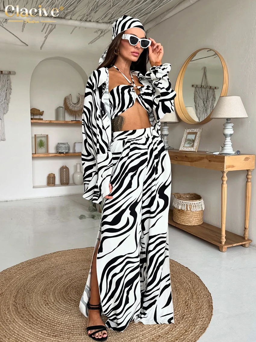 

Clacive Fashion Loose Print 3 Piece Sets Women Outfit 2024 Sexy Long Sleeve Shirt + Crop Top With High Waist Slit Wide Pants Set