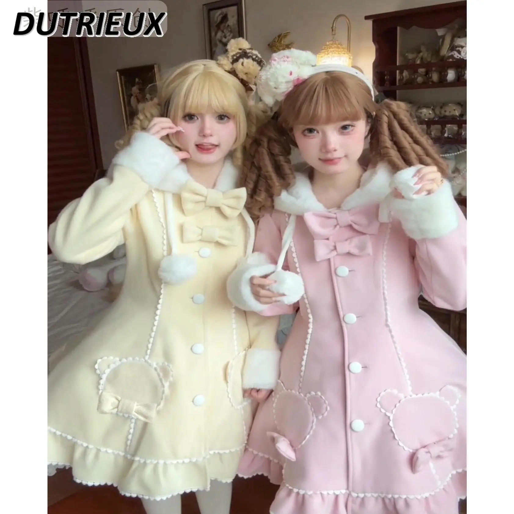 Japanese Sweet Cute Girls Slim-fitting Woolen Coat Dress Fur Collar Autumn Winter Lolita Bow Single-breasted Mid-length Jacket