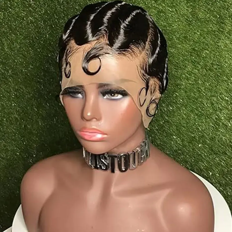 Cheap Price Pixie Cut Wigs Peruvian Raw Remy Human Hair Glueless Wavy 13x4 Transparent Lace Frontal Wig