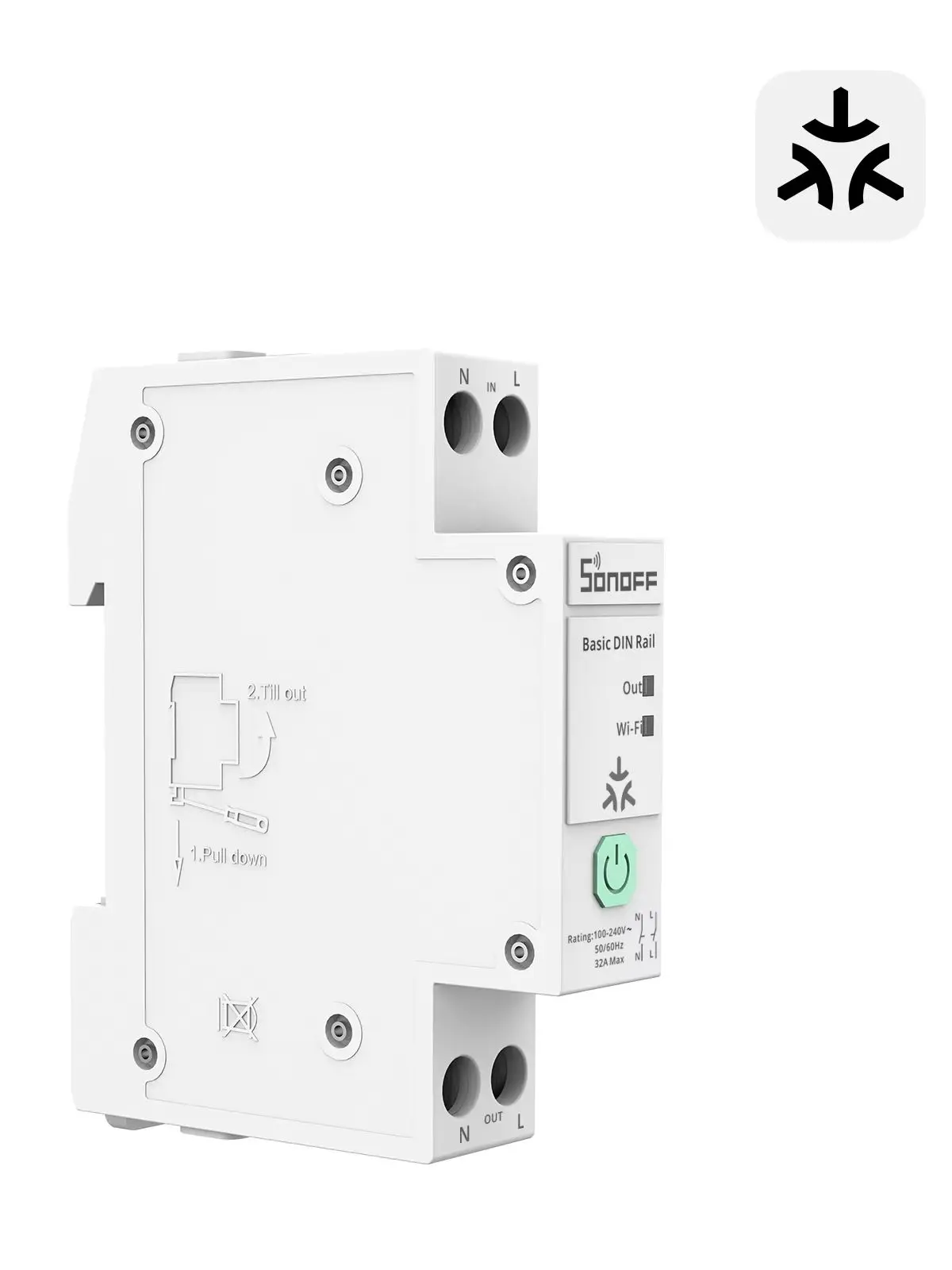 SONOFF BASIC-1GSP Podstawowy moduł na szynę DIN Matter Over WiFi, obciążenie 32A, monitorowanie energii i rachunków za energię elektryczną, kompatybilny z Apple Home — 2