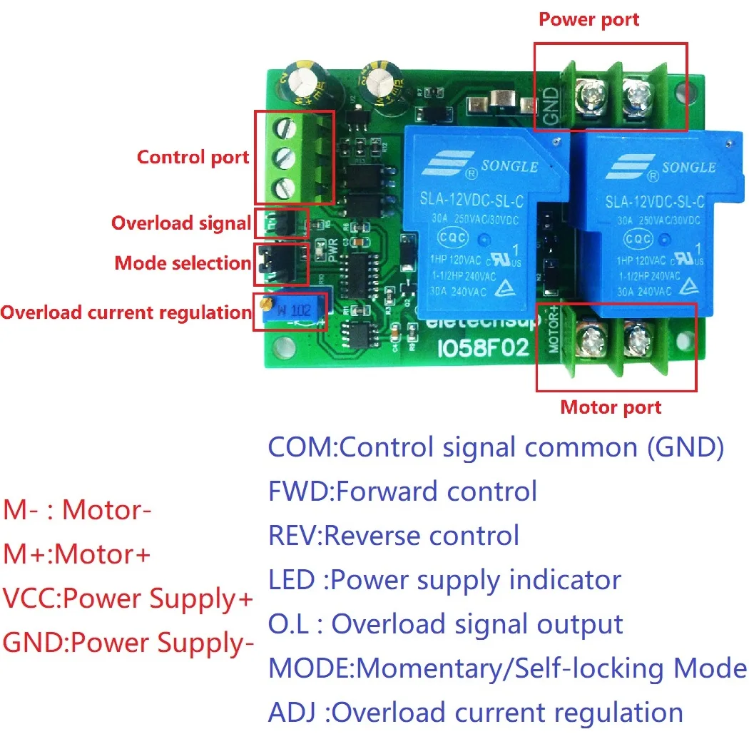 10A 20A 30A DC 12V 24V Brushed Motor Overload Overcurrent Short Circuit Protector Forward Reverse Controller