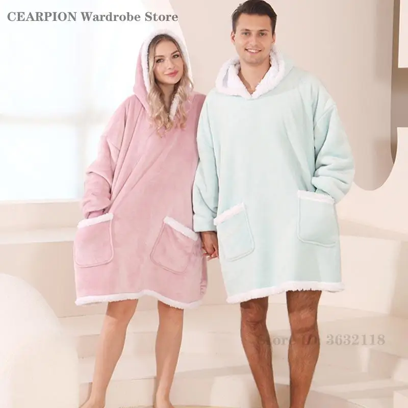 

Oversize Hooded Nightgown TV Blanket Sweatshirt Women Men Thick Fleece Cotton Robe Lady Sleepweawr Comfortable Jacket Loungewear