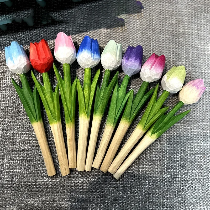 Basswood Hand-carved Mini Tulip Artificial Flower Crafts Home Decoration Flower Tulip Artificial Pen  Cute Student holiday gifts