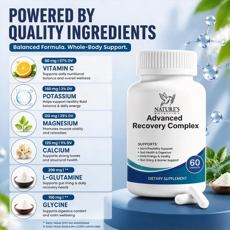 Advanced Recovery Complex 60 Capsules with L Glutamine Glycine Lysine Digestive Enzymes for Gut Health Daily Wellness Support