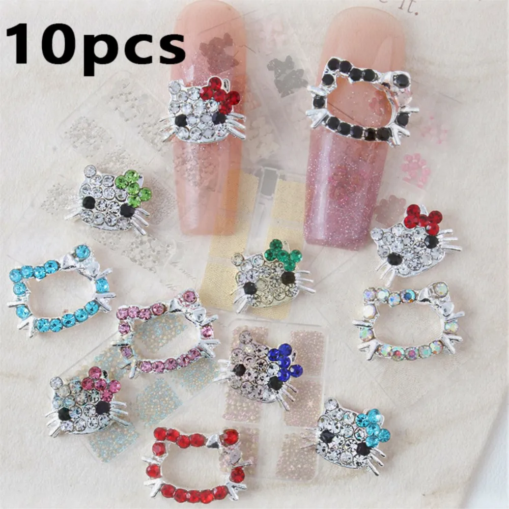 10pcs/bag Alloy Rhinestone Hello Kitty Nail Decorations Hollow Out Kitty Head Crystal 3D Nail Art Charms Mini Metal Manicure Dec