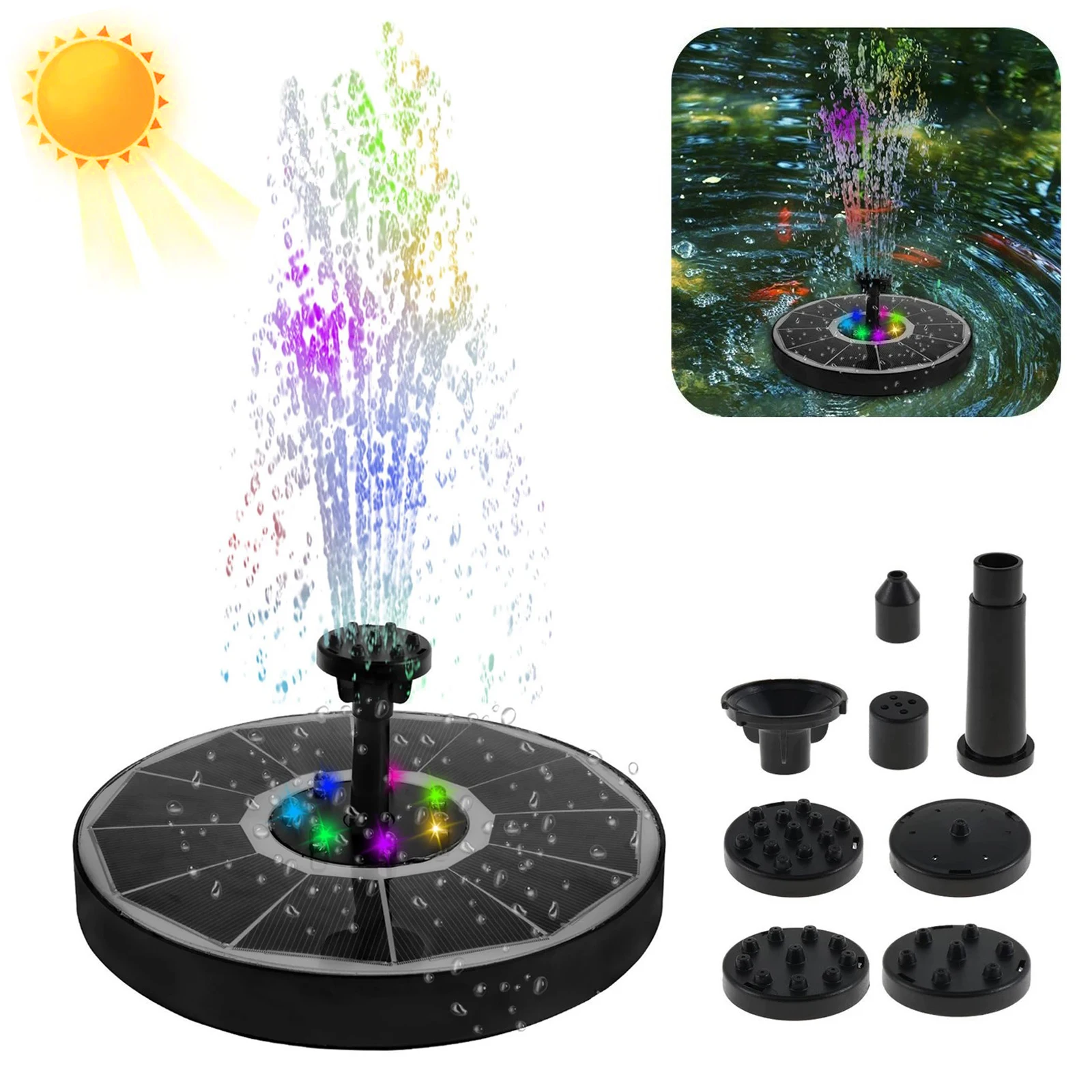 Solar Fountain Outdoor LED Colorful Solar Bird Bath Fountain Pump Solar Panel Outdoor Garden Pool Pond Bird Bath Fountain