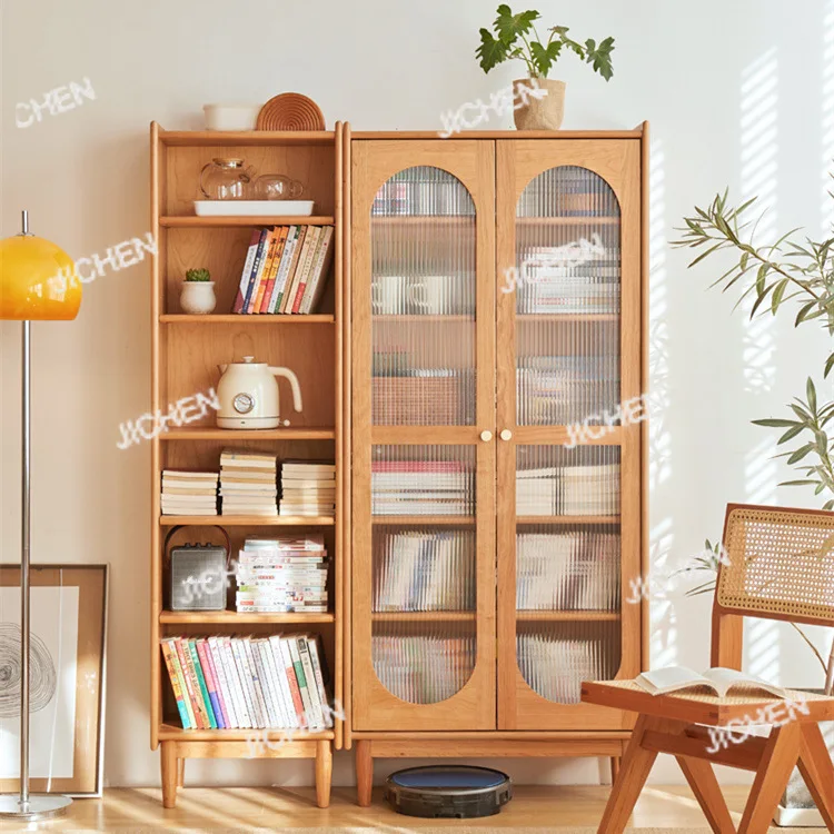 

Книжный шкаф из цельного дерева, простой скандинавский полный кабинет из вишневого дерева для гостиной, современный комбинированный боковой шкаф для хранения вещей