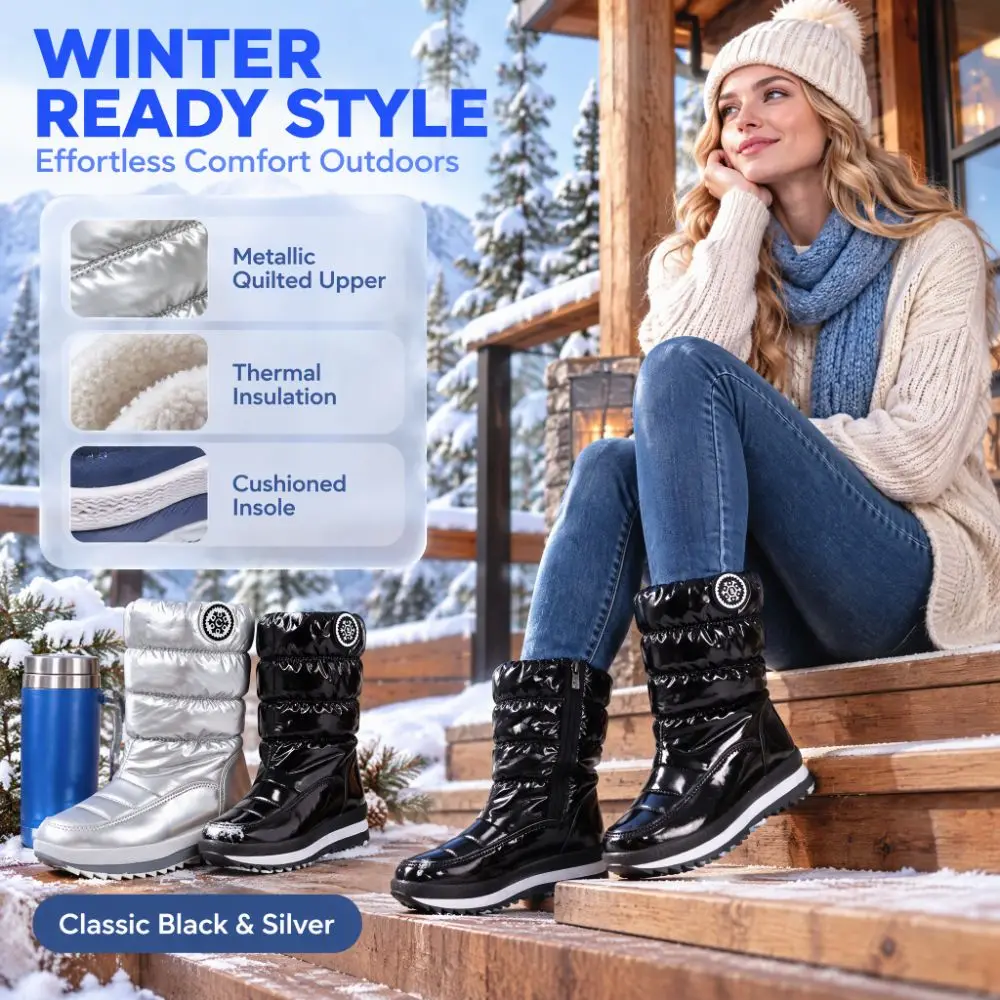 Cotton Shoes Glossy Snow Boots Waterproof Windproof Platform Boots Antislip Fuzzy Interior Lining Mid-Calf Snow Boots Women