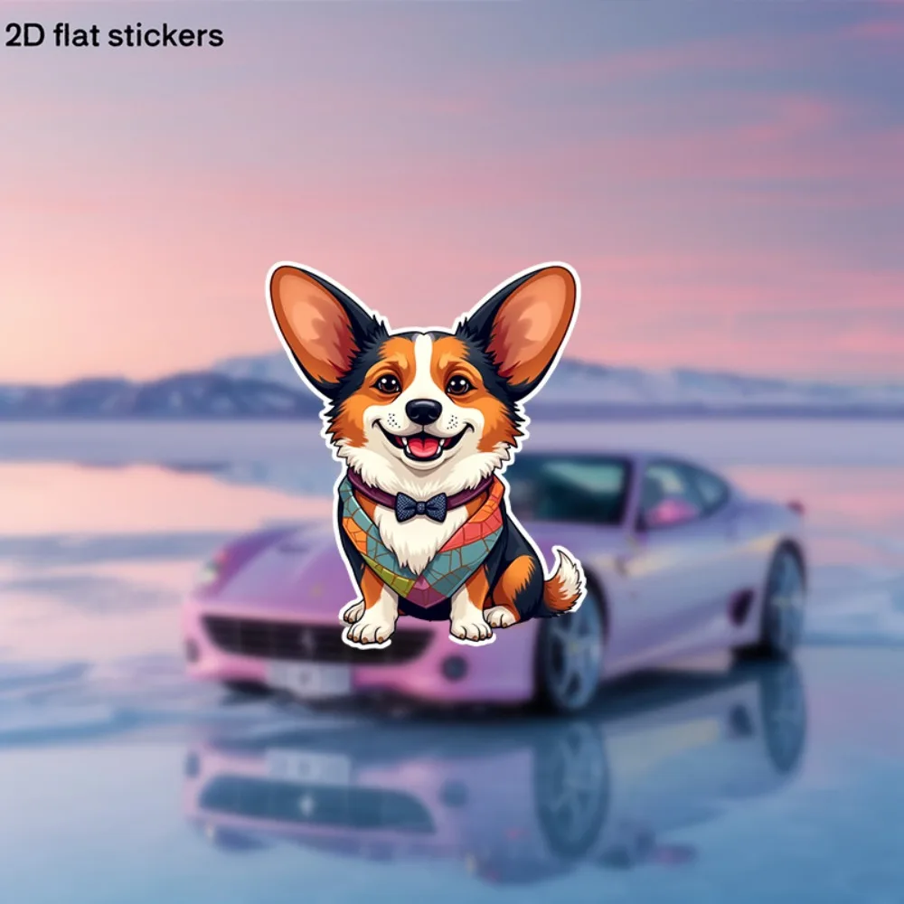 

A Single of Decorative Stickers Showcasing an Adorable Corgi Wearing Fashionable Bow Tie Suitable for Cars Projects