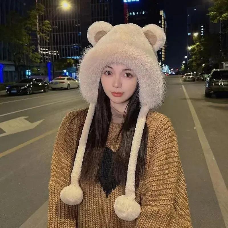 1-4PCS Korean Style Bear Plush Hat Thick Winter Warm Knitted Cap for Women Girls Outdoor Sports School Daily Wear