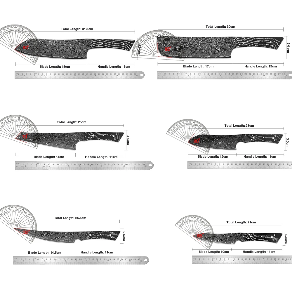 XITUO Damascus Steel Knife Blank 1-6PCS,Handmade Full Tang Santoku,Nakiri,Utility,Fruit Knife,DIY Black Blade,Sharp & Durable