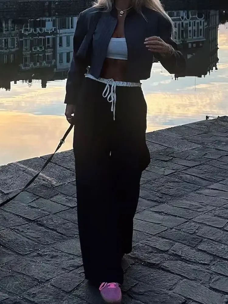 2024 New Fashion Woman Casual Trousers Patchwork Loose Women\' High Waist Long Pants Commute Female Chic Wide Leg Pant