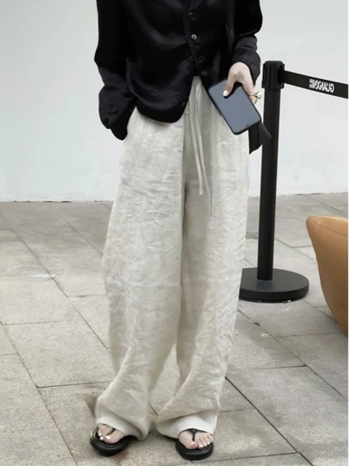 

Женские летние тонкие хлопково-льняные брюки-палаццо с высокой талией, прямые, струящиеся, в пол, модель Samantha, модный бренд