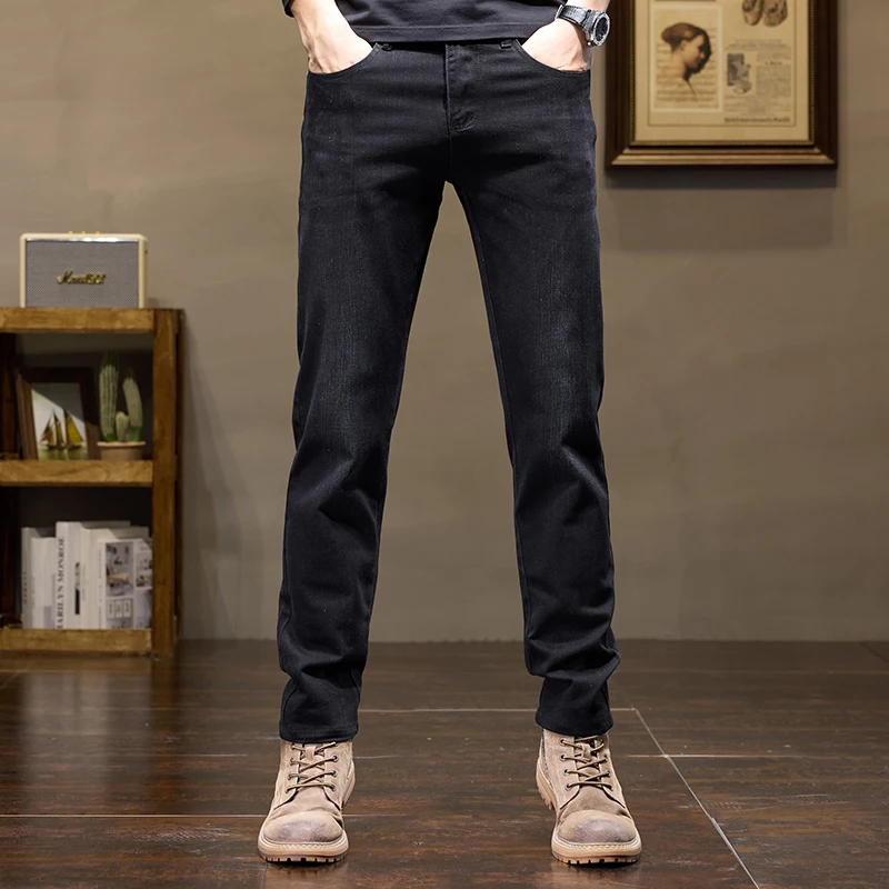 2024 Fall New Men's Cotton Stretch Slim Jeans Straight Version Business Fashion Denim Pants Vintage Blue Brand Trousers Black