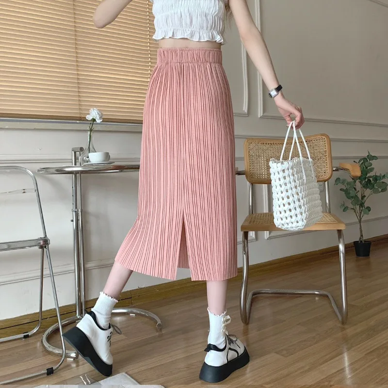 Solid Skirts Women Elastic Waist Pleated Side-slit Baggy Casual All-match Simple Korean Style High Street College Summer Chic