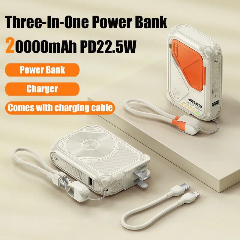 20000mAh Portable Wireless Mobile Power Support PD22.5W Fast Charging With Data Cable AC Plug Foldable Stand For IPhone Samsung