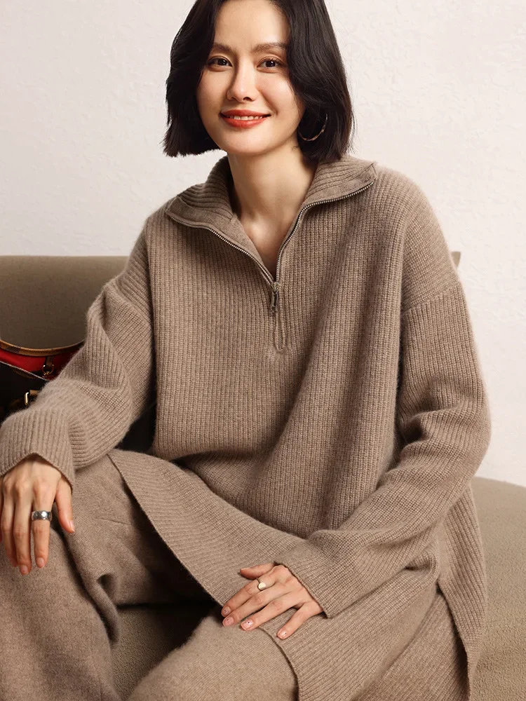 

Tcyeek, Cashmere Wool Soft Long Sweater, Women Zipper Collar Thicken, Fashion Casual Loose Coat, Fall Winter New Tops T48723QM