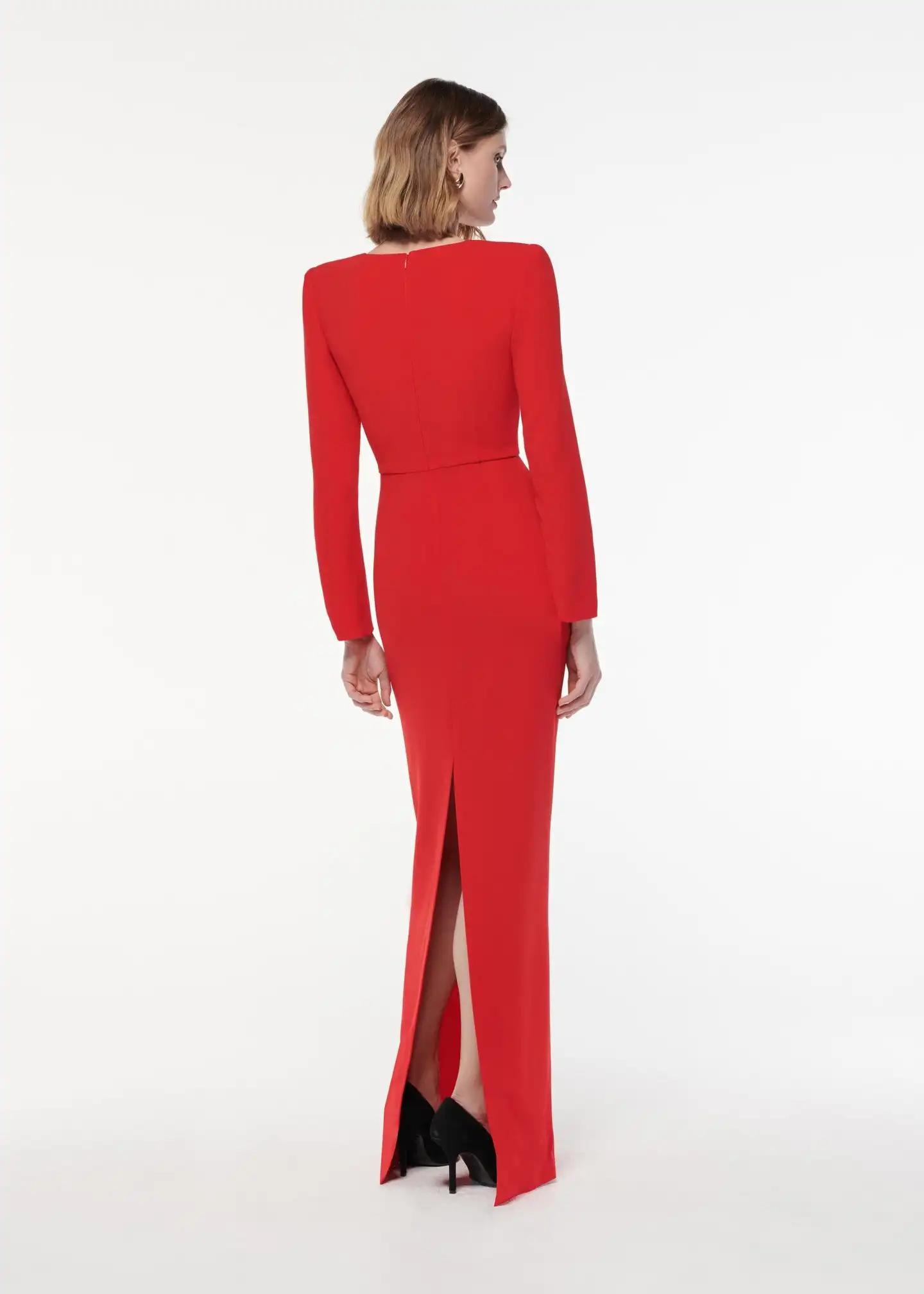 Customized Modern Jersey Straight Evening Dress V-Neck Back Slit Zipper Back Long Sleeves Floor Length Sweep Train Party Gowns