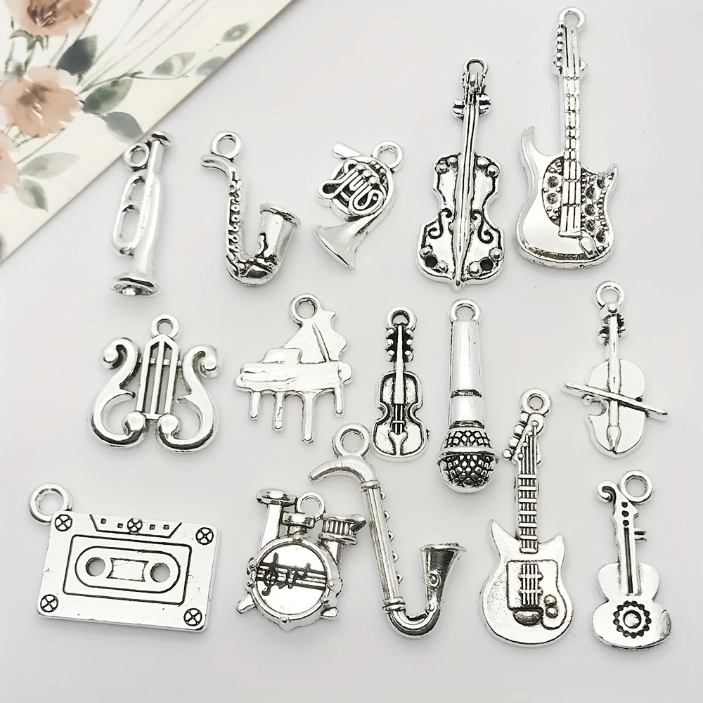 Mix 15pcs Antique Silvery Musical Instrument Charms Pendant For Jewelry Making Guitar Piano Violin Music Charms Finding Crafting