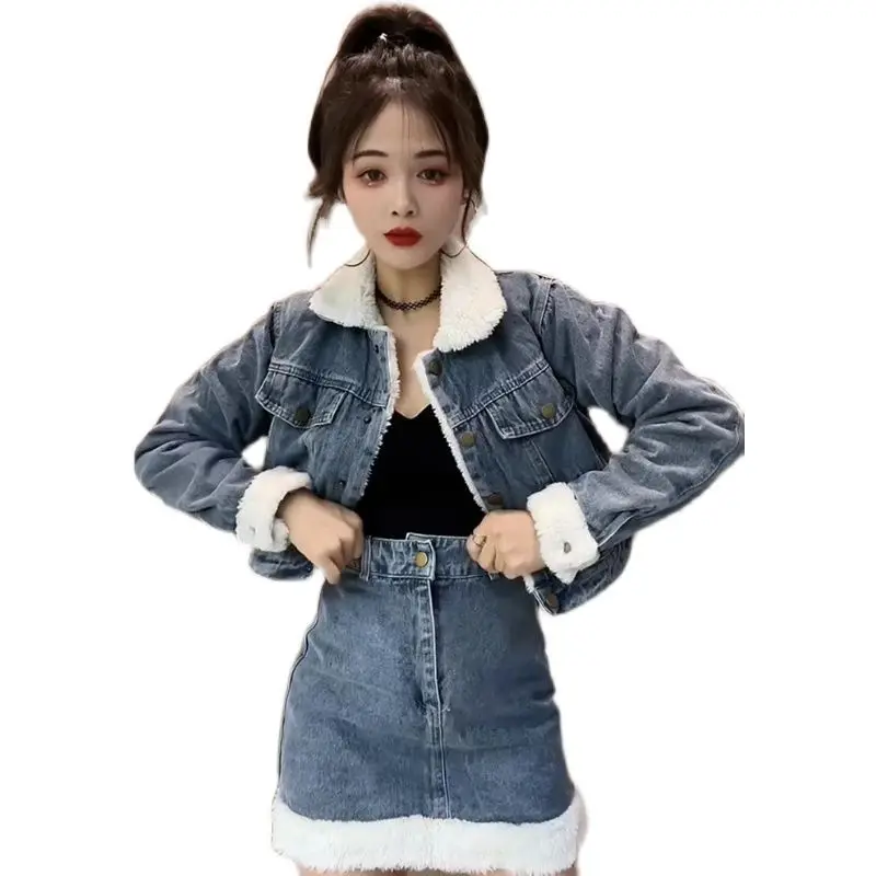 

Шикарная джинсовая юбка в стиле Spice Girl, женский осенне-зимний новый пальто из овечьей шерсти, юбка с высокой талией, комплект из двух предметов, одинаковые комплекты