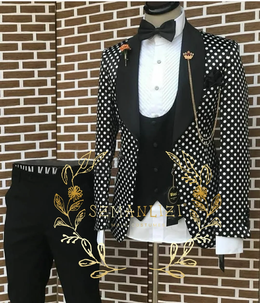 

Fashion Men Suits Slim Fit Polka Dots Jacket+Vest+Pants 3 Pieces Formal Groom Party Suits Blazer Wedding Tuxedos Sets