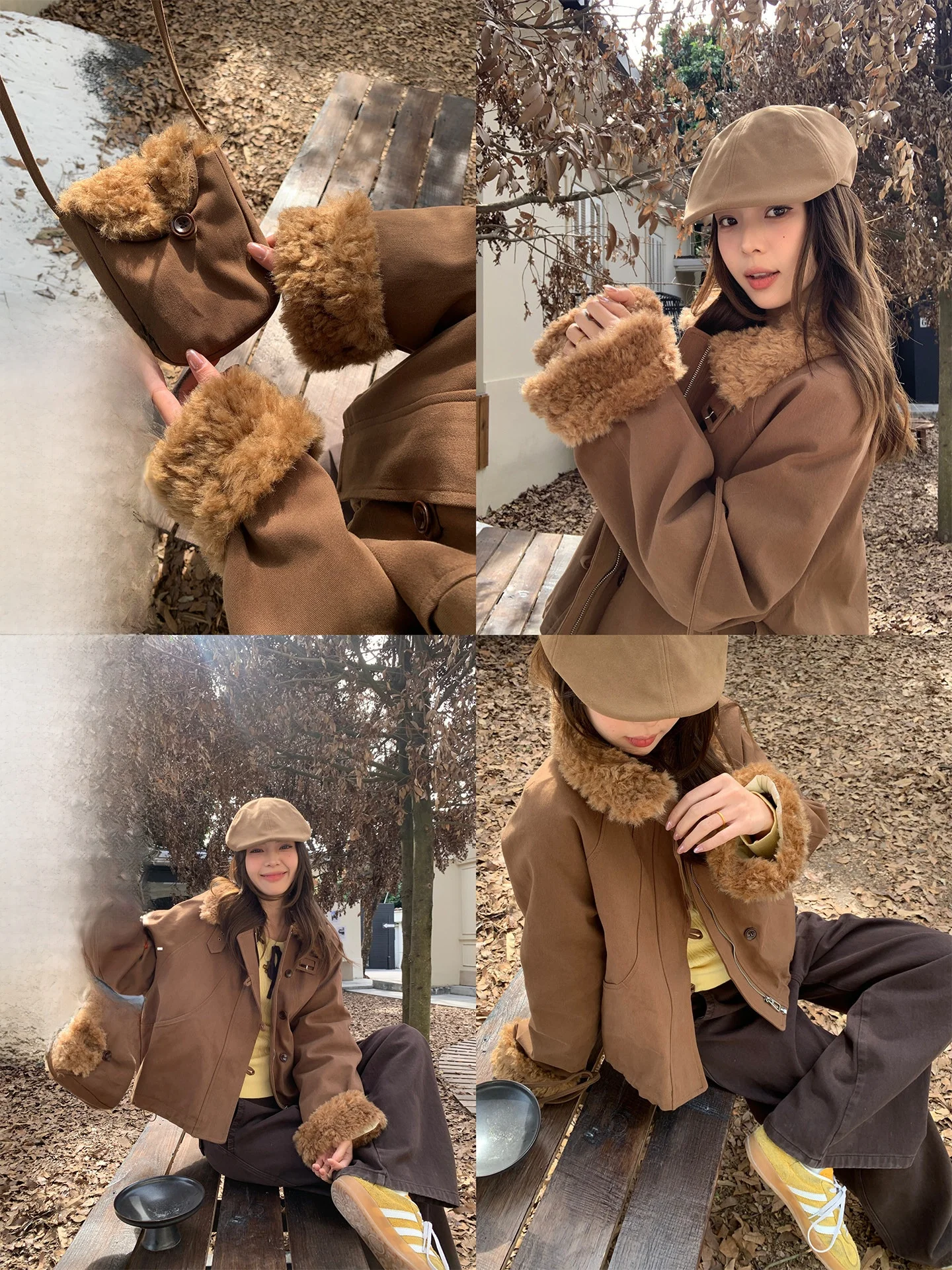 

Теплый коричневый кожаный кардиган с меховой отделкой для женщин, свободный крой, универсальная зимняя верхняя одежда от Song Zhengen