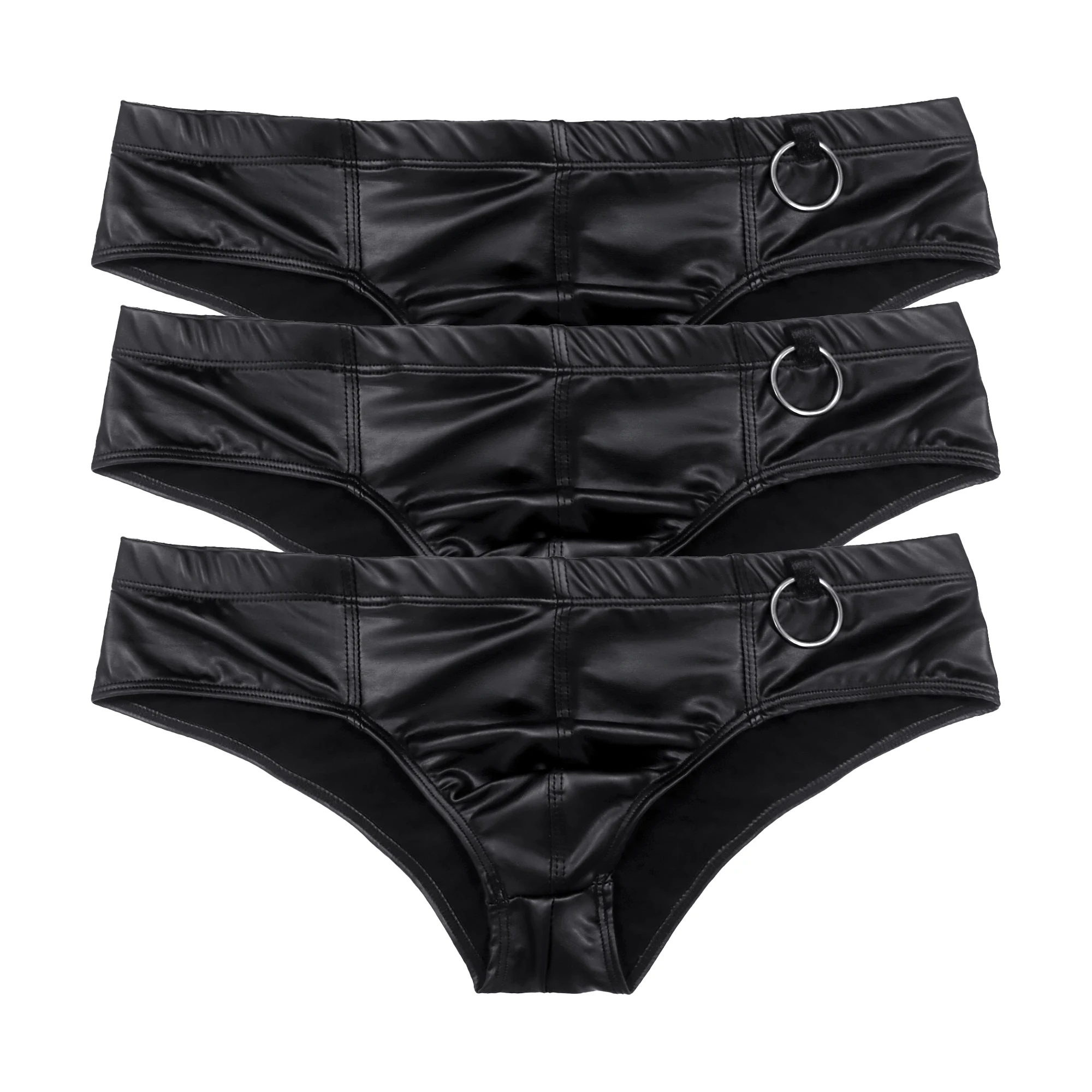 Men's 3PCS Sexy PVC Leather Underwear Glossy Low Waist Erotic Thong Black Bikini Underpants Mens Swollen Penis Bag Boxing Briefs