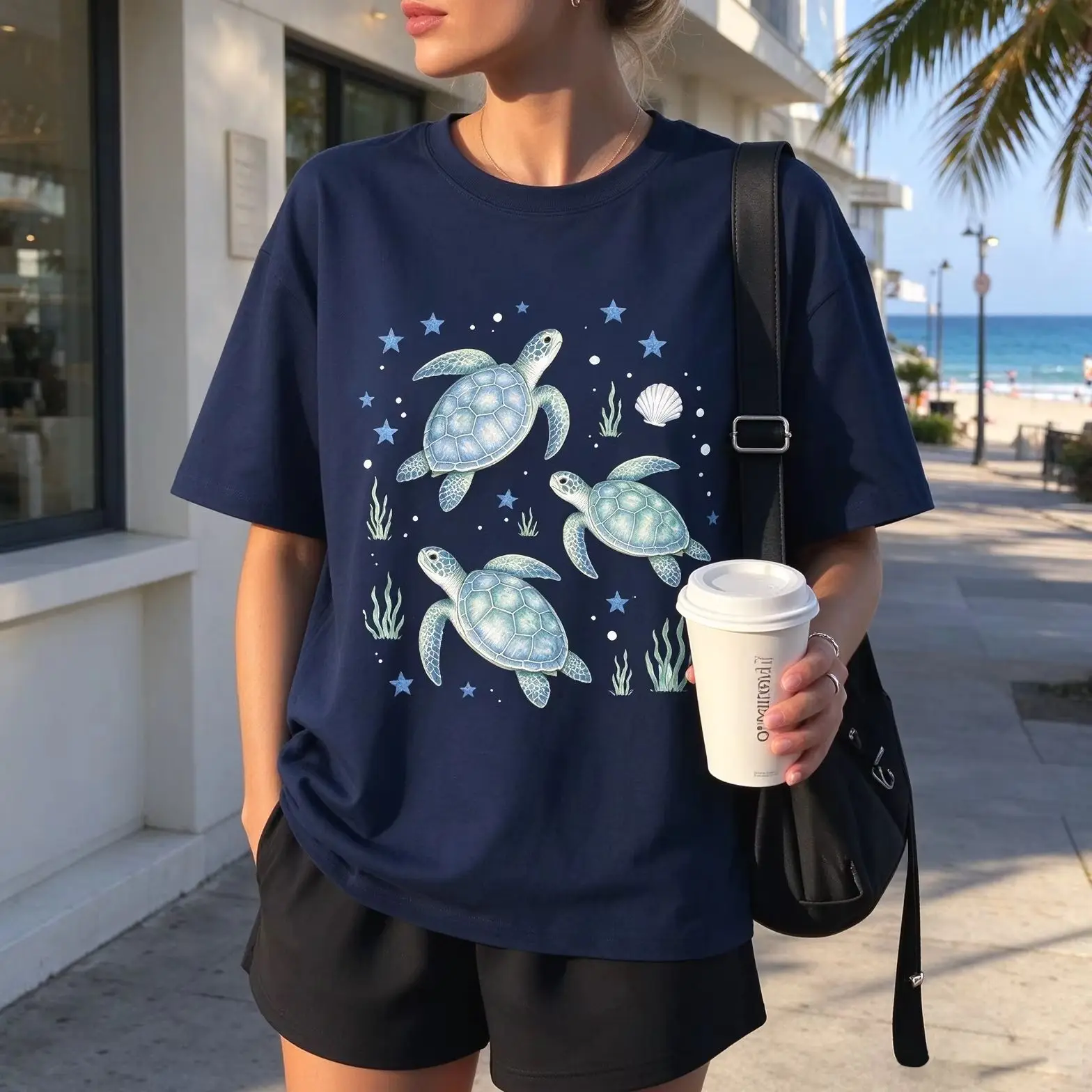 Watercolor Sea Turtle Starfish Seashell Seaweed Marine Life Graphic Women T Shirt Summer Beach Vacation Casual Short Sleeve Tops
