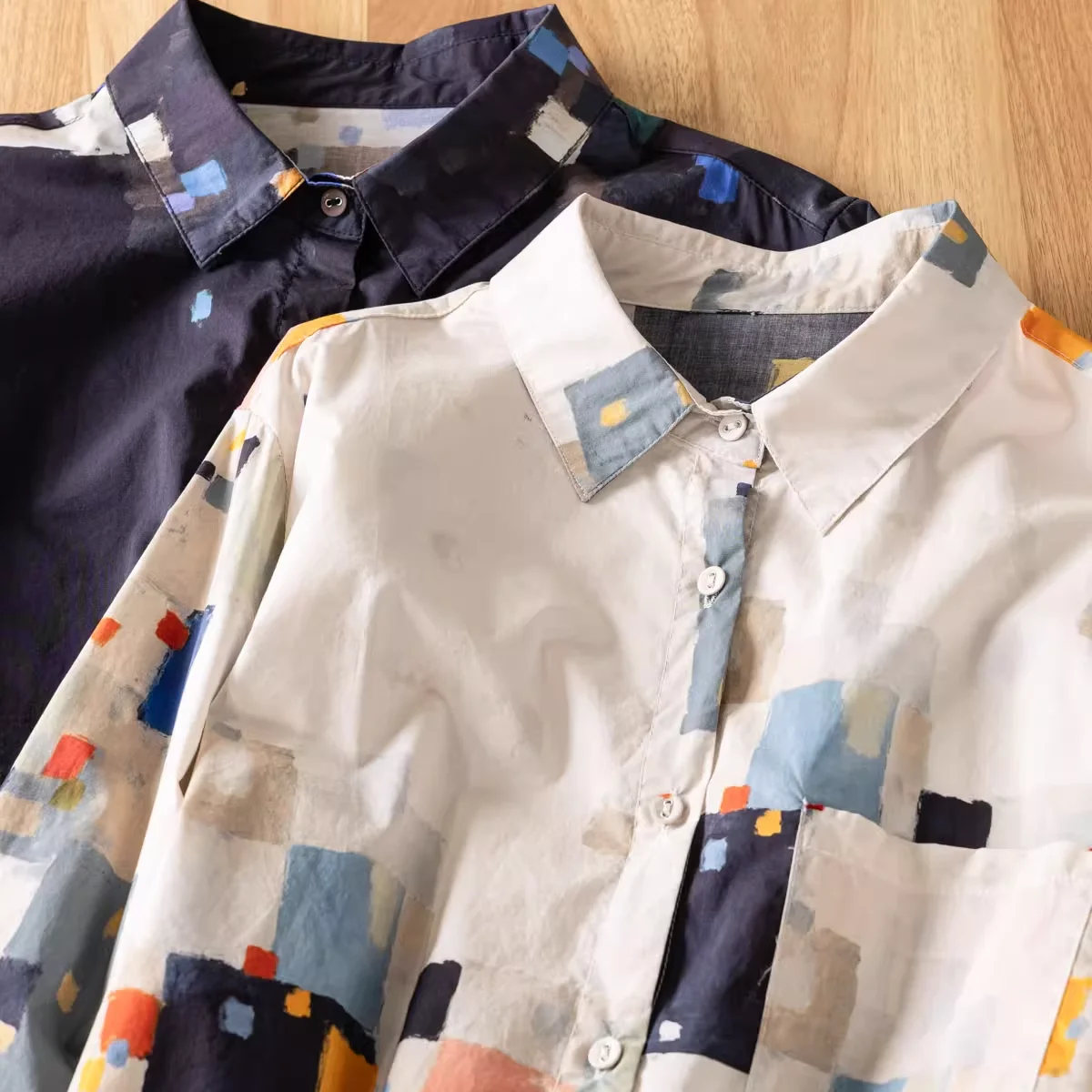 

2025 Japanese vintage clothes women Spain style designer navy blue white geometric oversized shirts harajuku fashion blouses