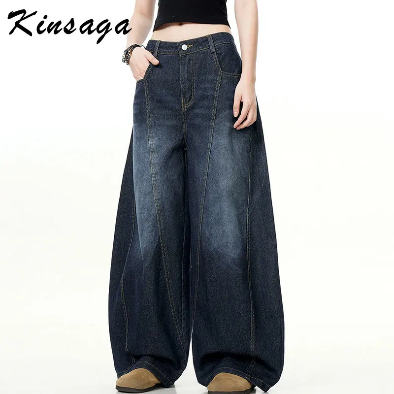 Women Boyfriend Loose Wide Leg Baggy Jeans Streetwear Barrel Leg Jean Y2K Stiching Twist Banana Denim Pants Ripped Mom Jeans