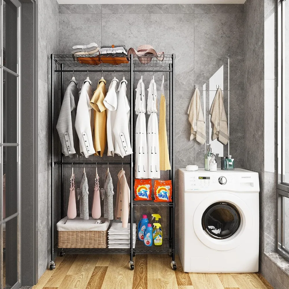 Sturdy Adjustable Rolling Garment Rack with Lockable Wheels, Metal Wire Clothes Organizer, Freestanding