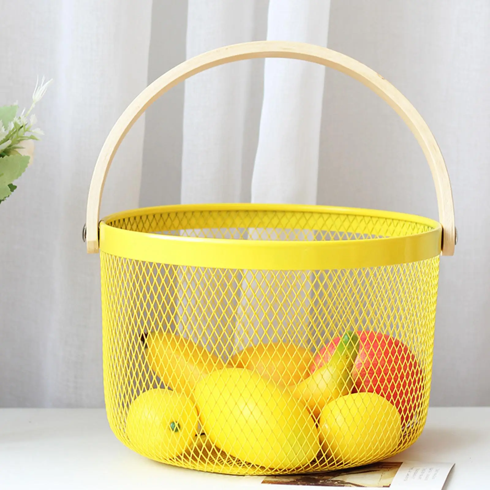 Net Basket Metal Anti Corrosion Multifunctional Hanging Kitchen Wooden Handle Mesh Steel Storage Durable