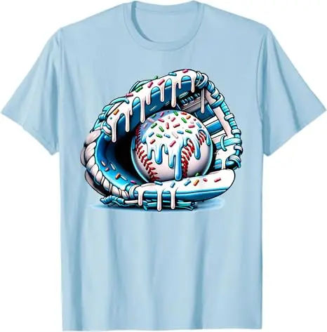 Baseball Drip Ice Cream Sprinkles Baseball Glove T-Shirt Humor Funny Pitcher, Catcher Graphic Outfit Novelty Gift Streetwear Tee