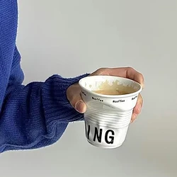 1pc Creative Coffee Mug White Ceramic Nordic Wrinkle Cup Drinking Coffee Tumbler English Letter