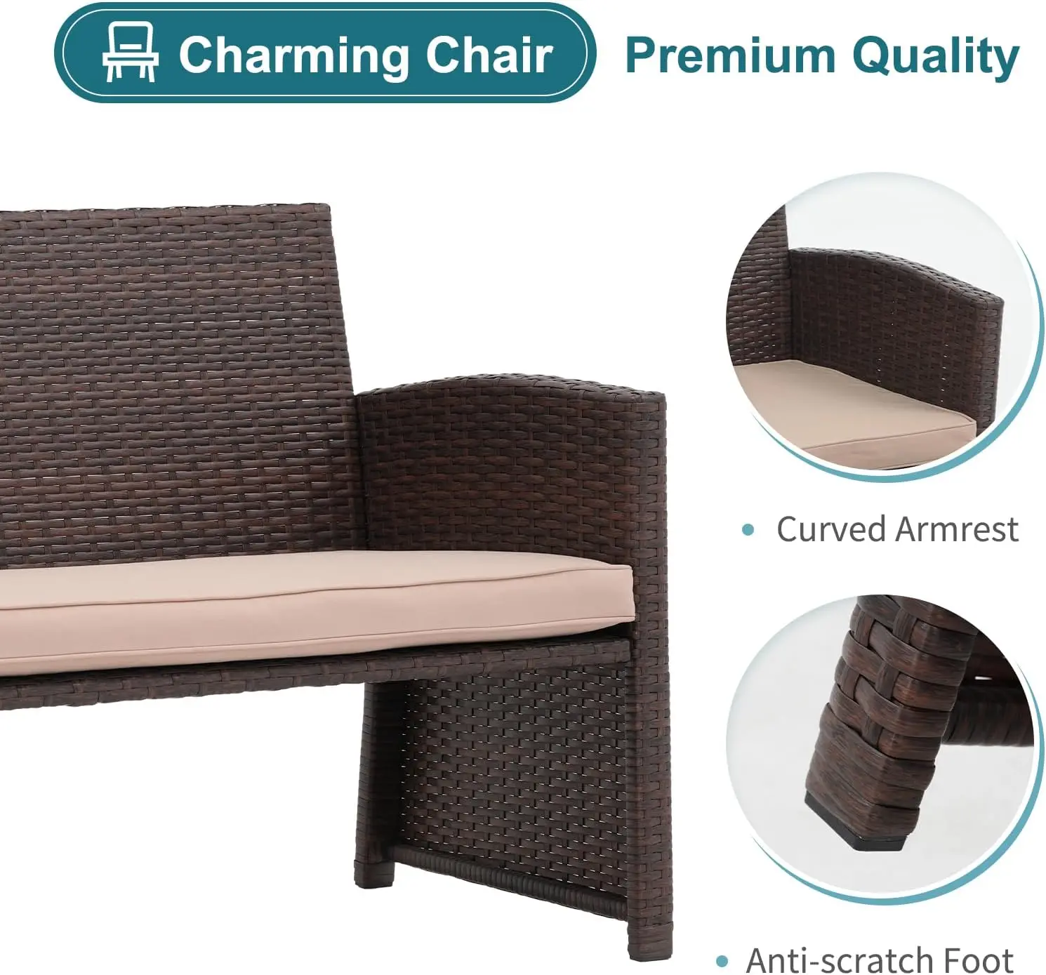 Outdoor 3-Piece Patio Set, Brown Rattan Loveseat with Ottoman & Side Table, Beige, All-Weather Wicker