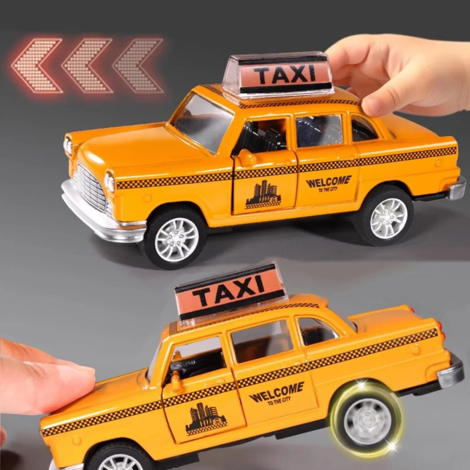 1:32 Taxi-Modellauto aus Druckgusslegierung mit Licht und Ton, gelbes Kabinenspielzeug zurückziehbar, Doppeltür, Sammlergeschenk für Kinder, Jungen und Mädchen