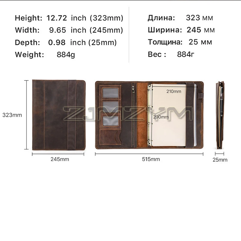 A4 Business Notebook Cover Loose-leaf Detachable Book Binder Tabs Notepad Cover Thick Brown Portable Leather Notebook Cover